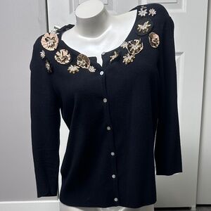 RUBY RD. Women's XL Black Sweater with Fab White and Gold Hand Sewn Details